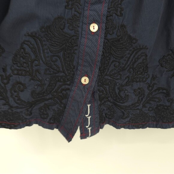 Johnny Was 3J Workshop Babydoll Button Up Top Embroidered Striped Y2k Blue - Picture 10 of 15